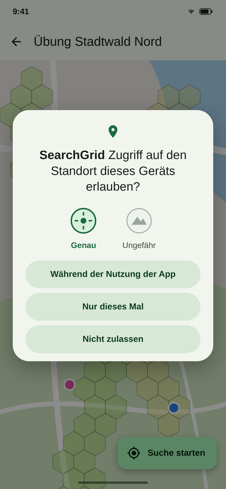 Android-Abfrage „SearchGrid Zugriff auf den Standort dieses Geräts erlauben?“ mit der Auswahl „Während der Nutzung der App“